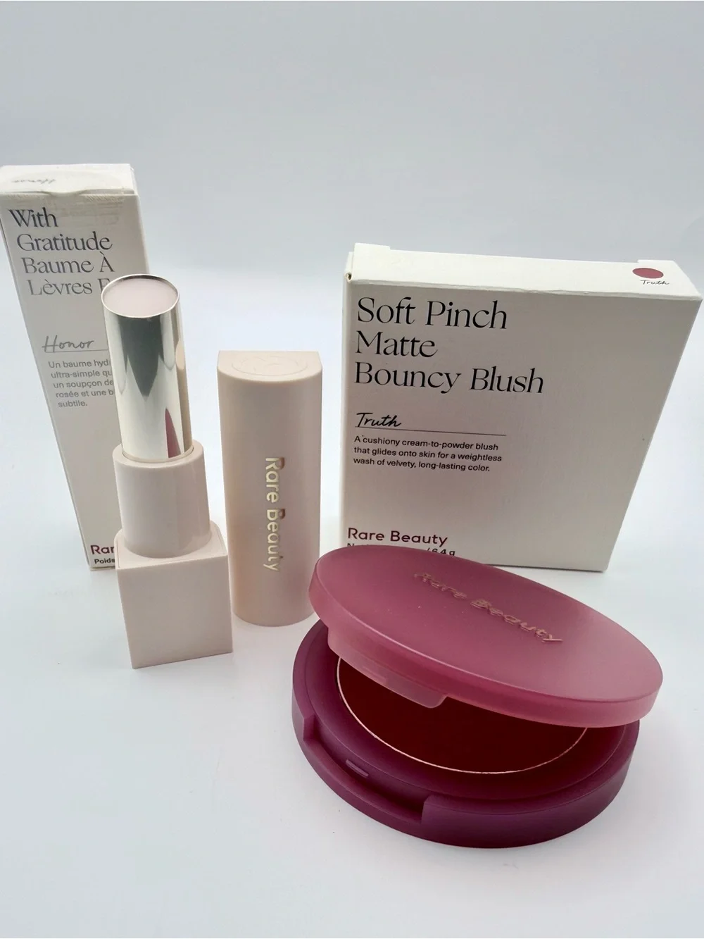 Rare Beauty Soft Bouncy Blush in TRUTH + With Gratitude Dewy Lip Balm in HONOR